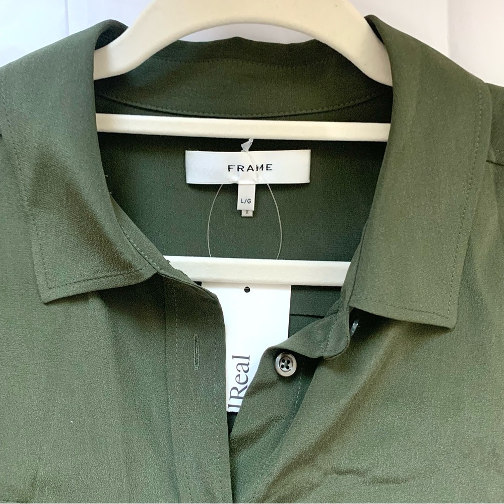FRAME Silk Short Sleeve Flap Pocket Button Up Shirt Blouse Military Green LG - Picture 5 of 16